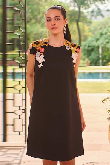 Nika 1.0 Black Embroidery Round Neck Multi Patchwork Dress