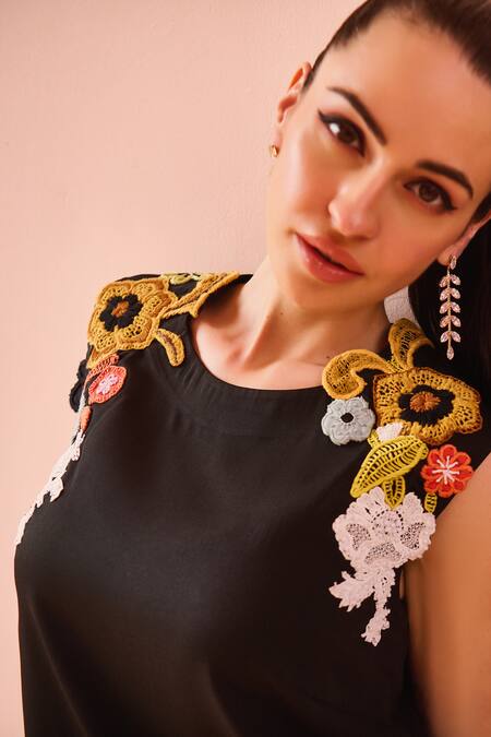 Nika 1.0_Black Embroidery Round Neck Multi Patchwork Dress _Online_at_Aza_Fashions