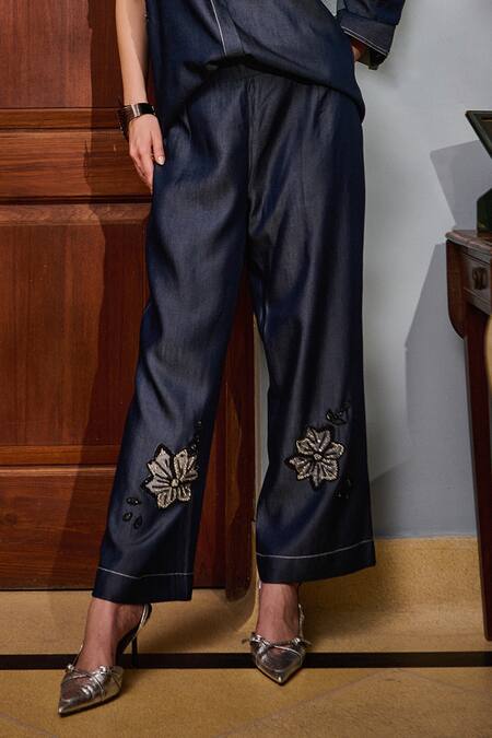 Nika 1.0_Blue Cotton Embroidery Collared Denim Coord Set _Online_at_Aza_Fashions