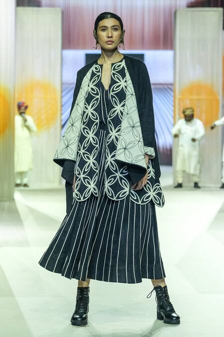 Shop_KA-Sha_Black Cotton Embroidery Split V-neck And White Striped Tunic _Online_at_Aza_Fashions
