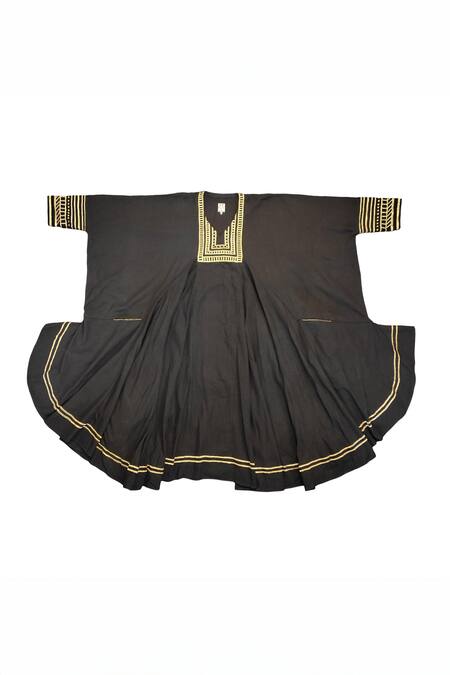 KA-Sha_Black Handloom Cotton Embroidery Round Neck And Gold Handwoven Tunic _Online_at_Aza_Fashions