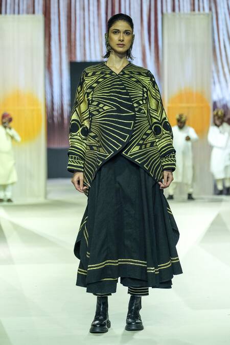 Shop_KA-Sha_Black Handloom Cotton Embroidery Round Neck And Gold Handwoven Tunic _Online_at_Aza_Fashions
