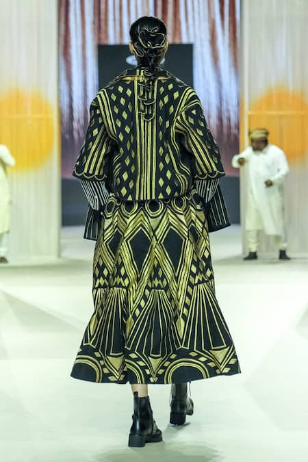 KA-Sha Black & Gold Printed Skirt 