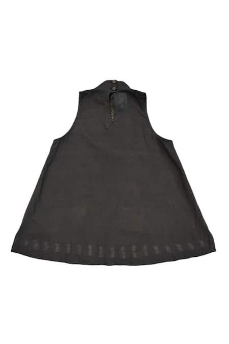 KA-Sha Black Handloom Cotton Mandarin Collar And Gold Handwoven Top Online at Aza Fashions KA-Sha_Black Handloom Cotton Mandarin Collar And Gold Handwoven Top _Online_at_Aza_Fashions