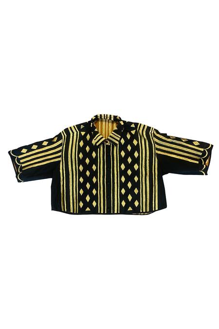 Buy_KA-Sha_Black Cotton Embroidery Collared And Gold Heavy Shirt _Online_at_Aza_Fashions