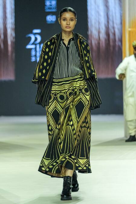 Shop_KA-Sha_Black Cotton Embroidery Collared And Gold Heavy Shirt _Online_at_Aza_Fashions