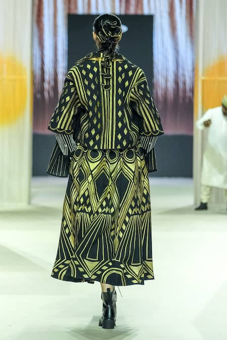 KA-Sha_Black Cotton Embroidery Collared And Gold Heavy Shirt _at_Aza_Fashions