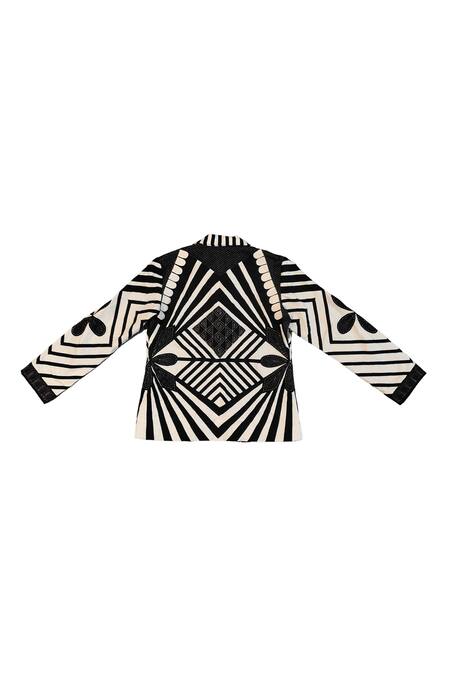 KA-Sha Black Handloom Cotton Embroidery And White Handwoven Blazer Online at Aza Fashions KA-Sha_Black Handloom Cotton Embroidery And White Handwoven Blazer _Online_at_Aza_Fashions