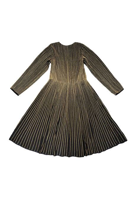 KA-Sha_Black Handloom Cotton Embroidery V-neck And Gold Striped Dress _Online_at_Aza_Fashions