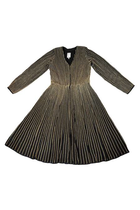 Shop_KA-Sha_Black Handloom Cotton Embroidery V-neck And Gold Striped Dress _Online_at_Aza_Fashions