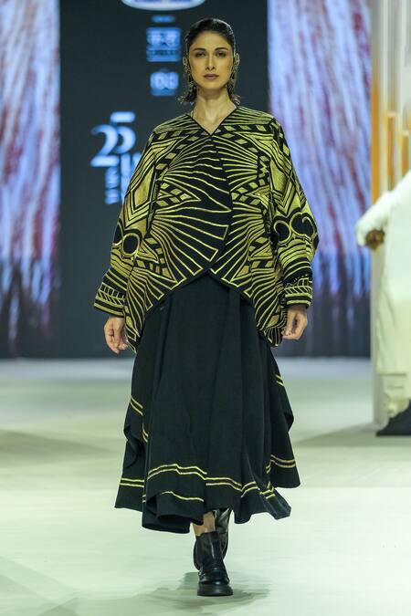 Shop_KA-Sha_Black Cotton Embroidery Open Neck And Gold Handwoven Jacket _Online_at_Aza_Fashions