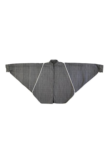 KA-Sha_Black Cotton High Neck And White Handspun Jacket _Online_at_Aza_Fashions