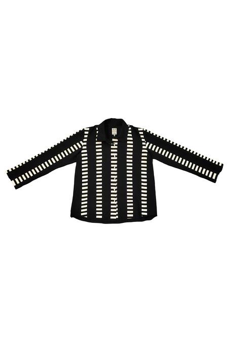 KA-Sha_Black Cotton Collared And White Handwoven Shirt _Online_at_Aza_Fashions