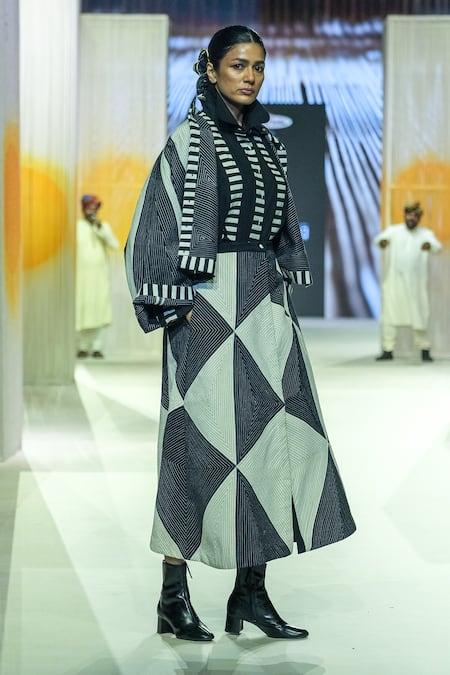 Shop_KA-Sha_Black Cotton Collared And White Handwoven Shirt _Online_at_Aza_Fashions