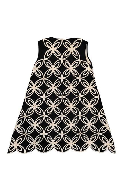 KA-Sha_Black Cotton Embroidery Round Neck And White Handwoven Jacket _Online_at_Aza_Fashions