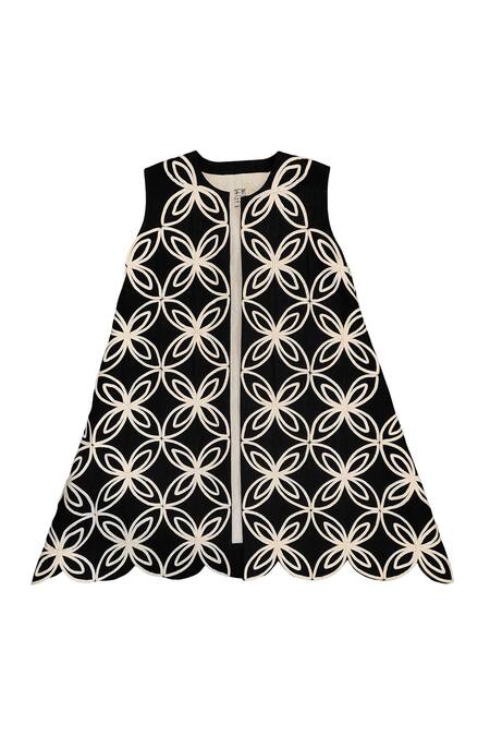 Buy_KA-Sha_Black Cotton Embroidery Round Neck And White Handwoven Jacket _Online_at_Aza_Fashions
