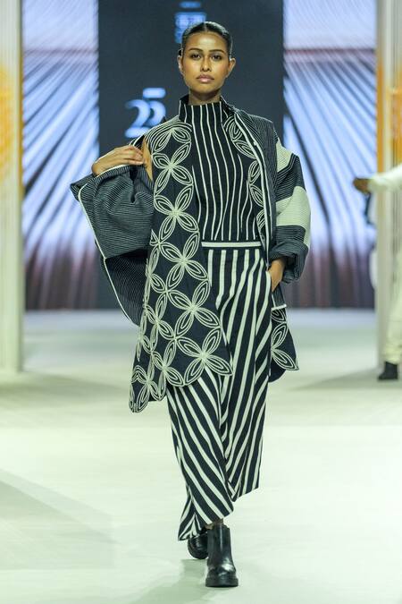 KA-Sha_Black Cotton Mandarin Collar And White Striped Top _at_Aza_Fashions
