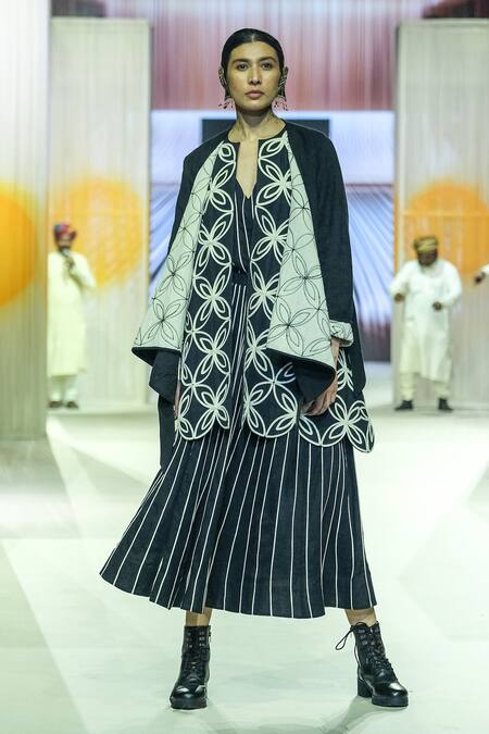 Shop_KA-Sha_Black Cotton Embroidery Round Neck And White Handwoven Jacket _Online_at_Aza_Fashions