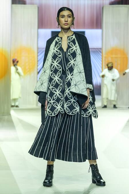 KA-Sha_Black Cotton Embroidery And White Striped Skirt _Online_at_Aza_Fashions