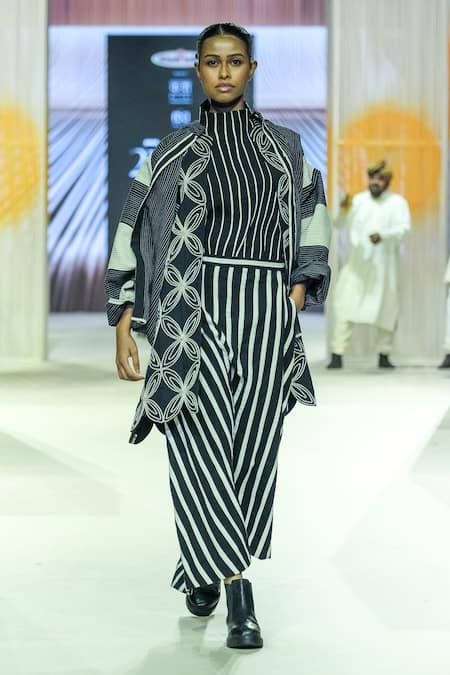 KA-Sha Black & White Striped Organic Cotton Jacket 