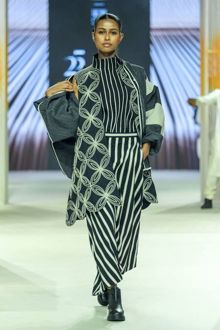 KA-Sha_Black Cotton Embroidery High Neck And White Striped Organic Jacket _Online_at_Aza_Fashions
