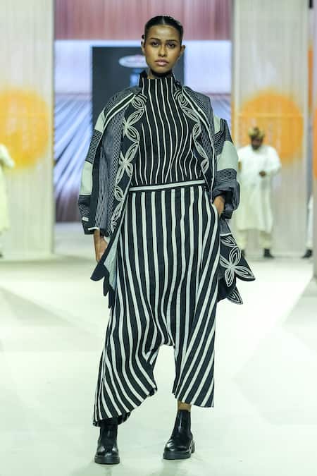 KA-Sha Black & White Striped Organic Cotton Jacket 