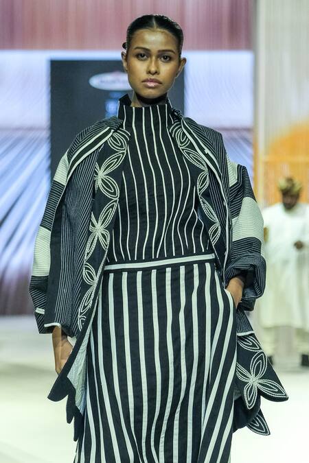 Buy_KA-Sha_Black Cotton Embroidery High Neck And White Striped Organic Jacket _Online_at_Aza_Fashions