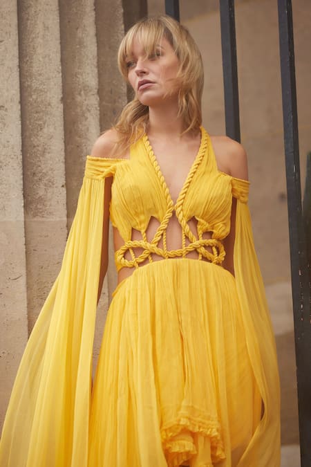 Supria Munjal_Yellow Chiffon V-neck Designer Dress _Online_at_Aza_Fashions