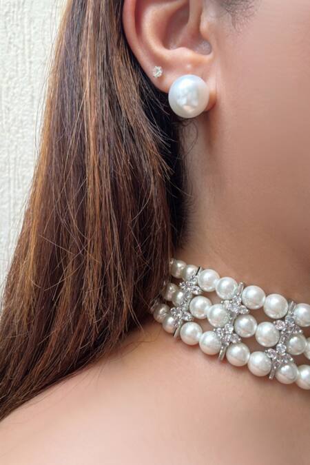 Studio6 Jewels_White Pearls, Crystals Designer Choker And Earring Set_Online_at_Aza_Fashions