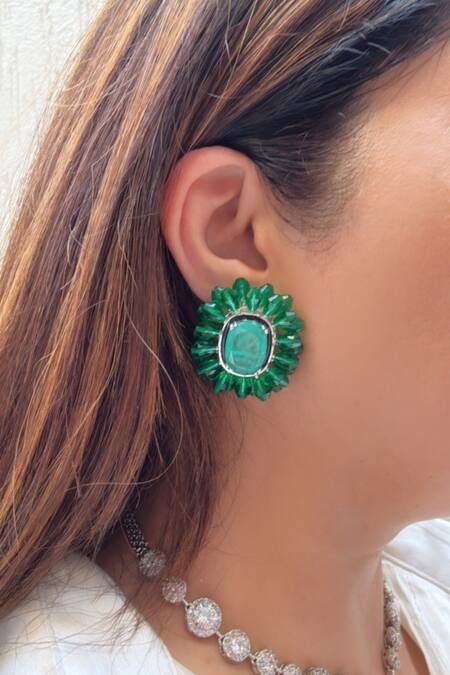 Buy_Studio6 Jewels_Green Crystals, Cut Work Designer Jewelry Set_Online_at_Aza_Fashions