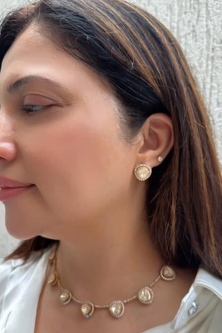 Studio6 Jewels Gold Plated Crystals Polki Cubic Zirconia Necklace And Earrings 
