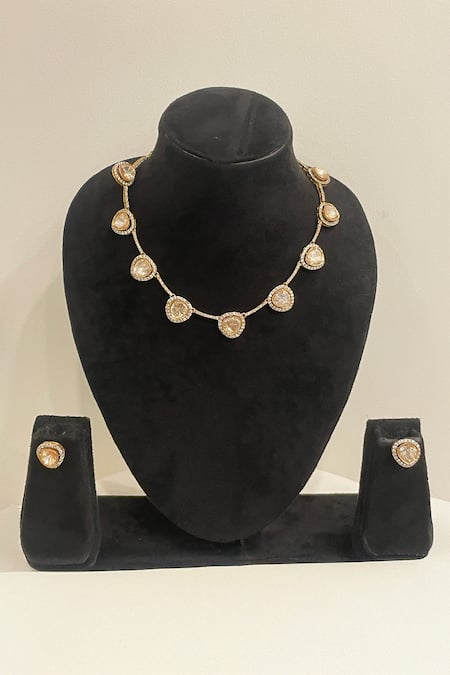 Buy_Studio6 Jewels_Gold Plated Crystals Polki Cubic Zirconia Necklace And Earrings_Online_at_Aza_Fashions