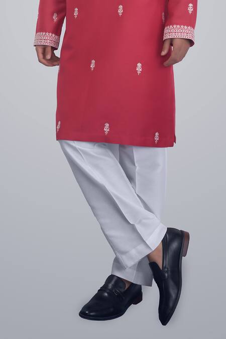 Sanjev Marwaaha_Red Cotton, Silk Embroidery Kurta Set_Online_at_Aza_Fashions