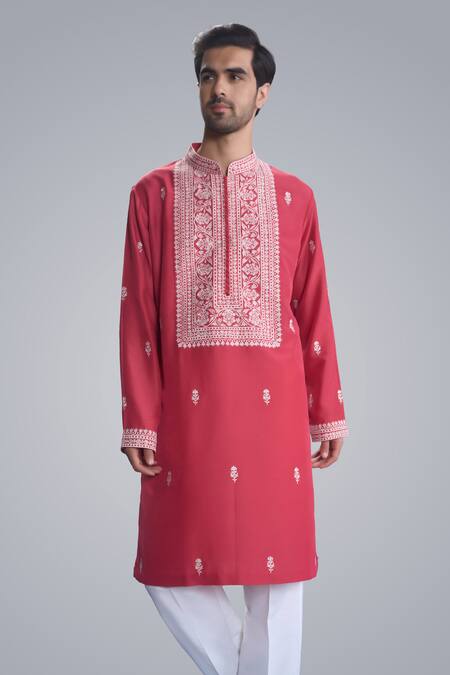 Buy_Sanjev Marwaaha_Red Cotton, Silk Embroidery Kurta Set_Online_at_Aza_Fashions