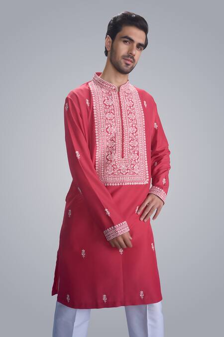 Shop_Sanjev Marwaaha_Red Cotton, Silk Embroidery Kurta Set_Online_at_Aza_Fashions
