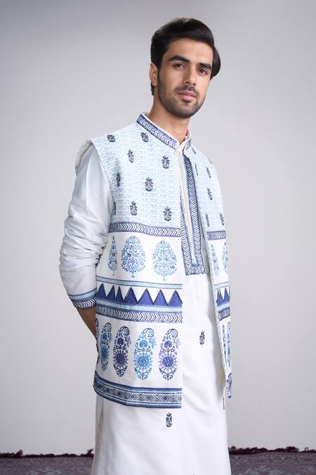 Sanjev Marwaaha_White Cotton, Silk Embroidery Ivory Designer Kurta Set_Online_at_Aza_Fashions