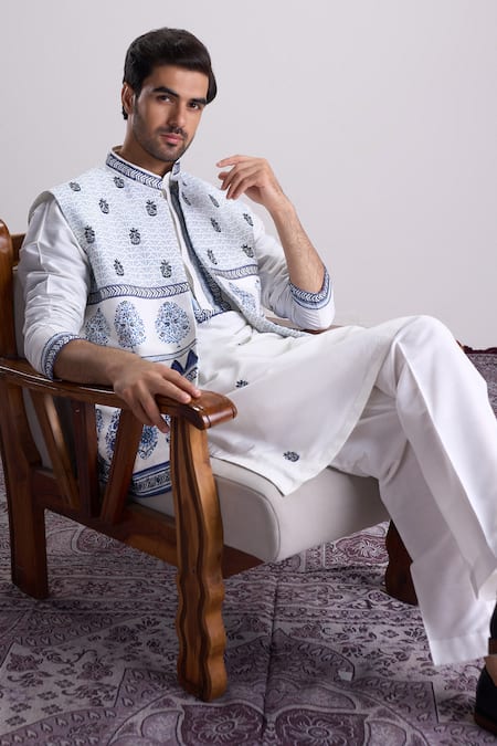 Buy_Sanjev Marwaaha_White Cotton, Silk Embroidery Ivory Designer Kurta Set_Online_at_Aza_Fashions