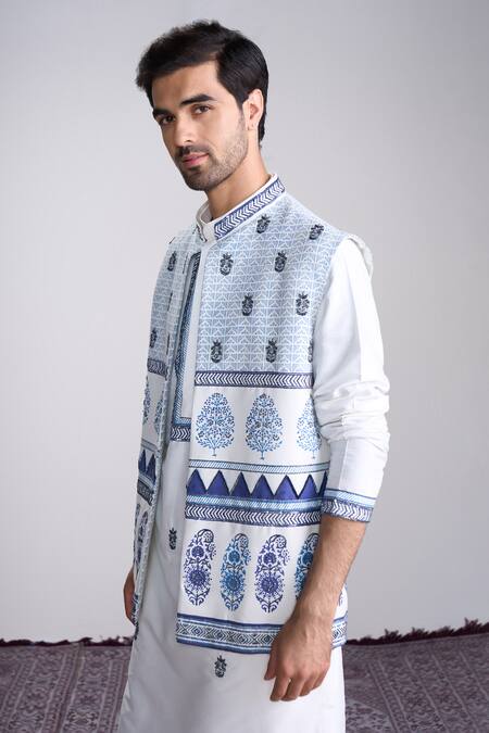 Shop_Sanjev Marwaaha_White Cotton, Silk Embroidery Ivory Designer Kurta Set_Online_at_Aza_Fashions