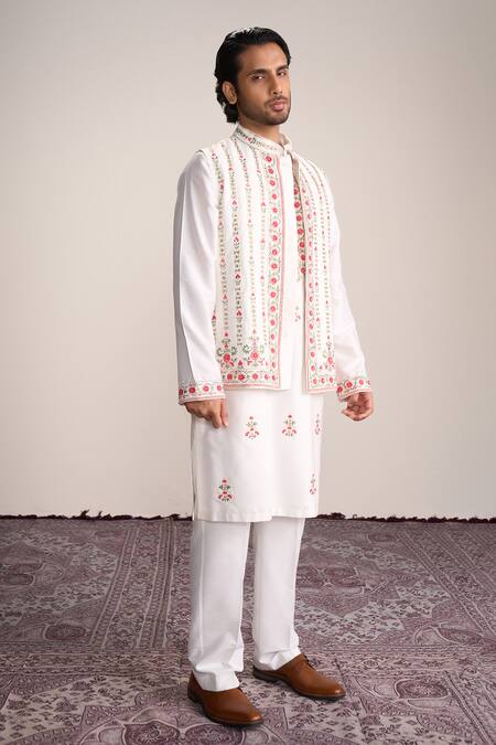 Buy_Sanjev Marwaaha_Ivory Cotton, Silk Embroidery Kurta Set_Online_at_Aza_Fashions