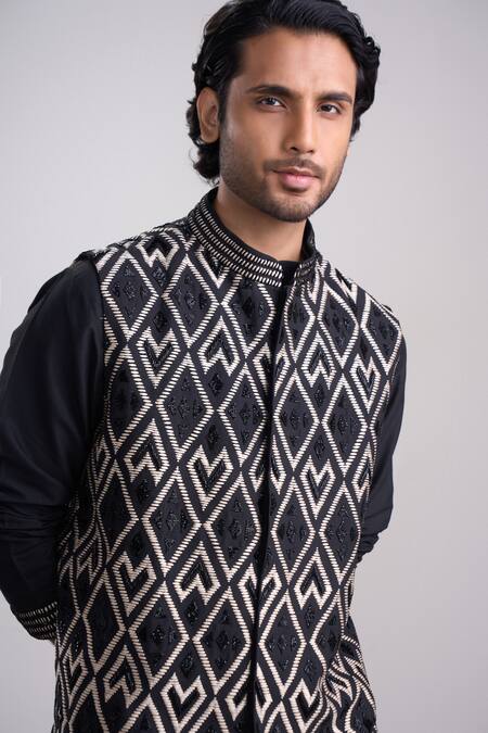 Sanjev Marwaaha_Black Cotton, Silk Embroidery Designer Kurta Set With Bundi_Online_at_Aza_Fashions