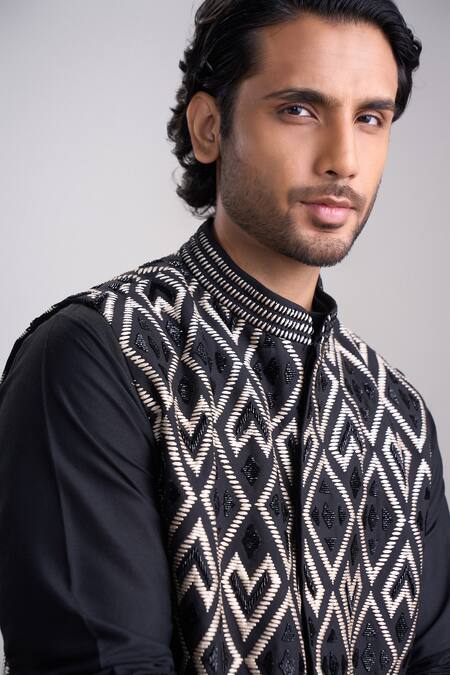 Buy_Sanjev Marwaaha_Black Cotton, Silk Embroidery Designer Kurta Set With Bundi_Online_at_Aza_Fashions
