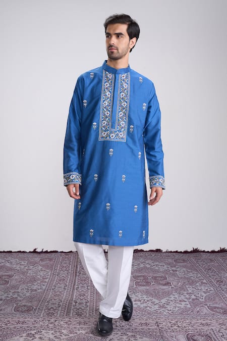 Sanjev Marwaaha Blue Embroidered Cotton Silk Kurta Set 