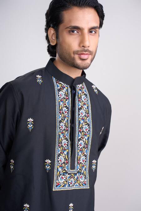 Sanjev Marwaaha_Black Cotton, Silk Embroidery Kurta Set_Online_at_Aza_Fashions