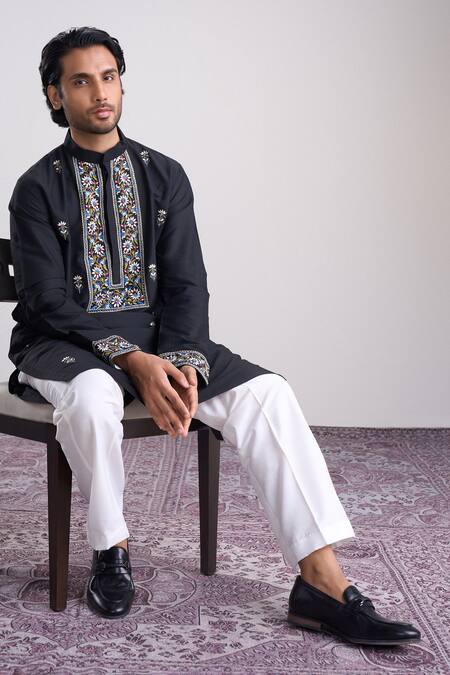 Buy_Sanjev Marwaaha_Black Cotton, Silk Embroidery Kurta Set_Online_at_Aza_Fashions