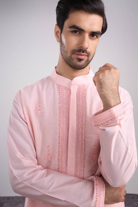 Buy_Sanjev Marwaaha_Peach Cotton, Silk Embroidery Kurta Set_Online_at_Aza_Fashions