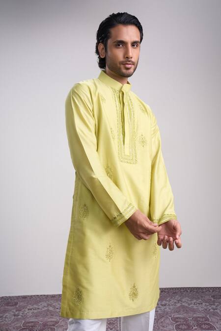 Sanjev Marwaaha_Green Cotton, Silk Embroidery Light Kurta Set_Online_at_Aza_Fashions