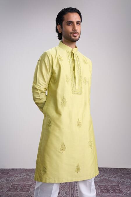 Buy_Sanjev Marwaaha_Green Cotton, Silk Embroidery Light Kurta Set_Online_at_Aza_Fashions