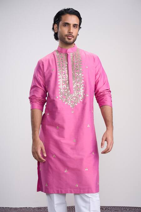 Sanjev Marwaaha_Pink Cotton, Silk Embroidery, Sequins Designer Kurta Set_Online_at_Aza_Fashions