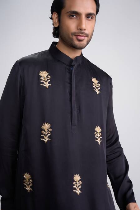 Sanjev Marwaaha_Black Modal, Silk Embroidery Kurta Set_Online_at_Aza_Fashions
