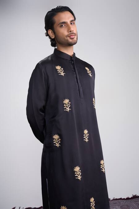 Buy_Sanjev Marwaaha_Black Modal, Silk Embroidery Kurta Set_Online_at_Aza_Fashions